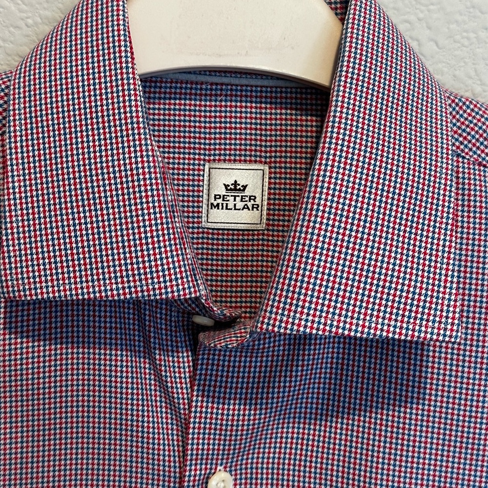 Peter Millar Men’s Red and Blue Houndstooth Long Sleeve Button-Up Shirt